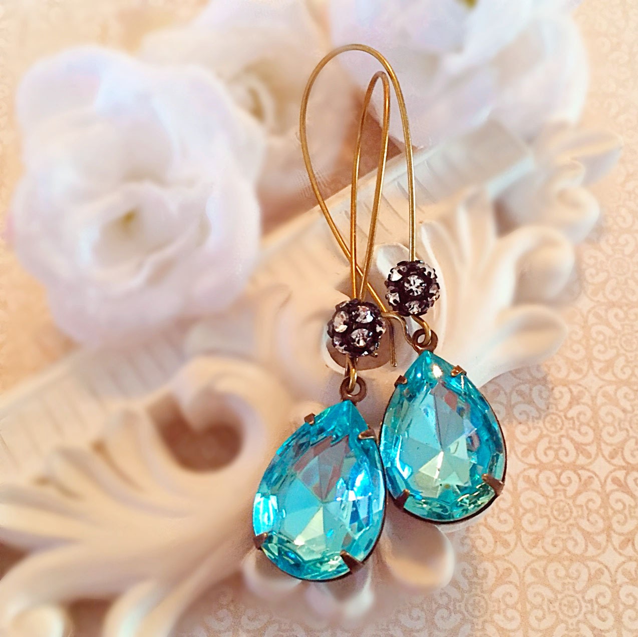 Crystal Earrings - Aqua - Bridesmaid Gift - Victorian Jewelry - COVET Aqua