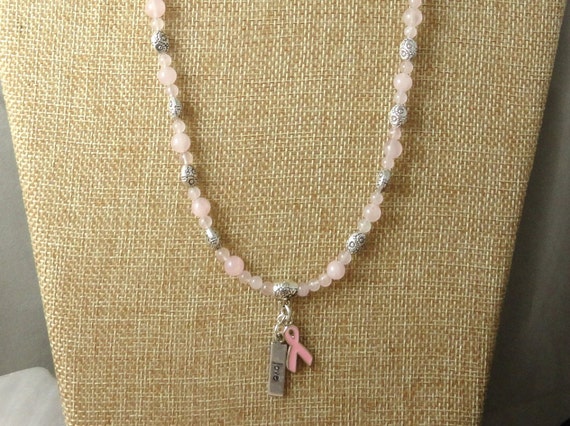 Rose Quartz Pink Ribbon Love Pendant Sterling Silver Necklace. Breast Cancer Awareness Ribbon