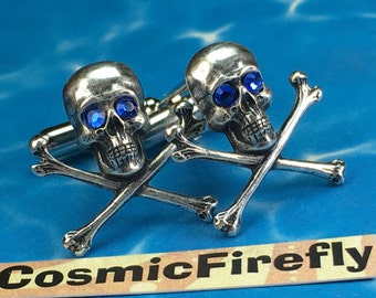 Blue Eyes Silver Skull Cufflinks Men's Cufflinks Gothic Victorian Steampunk Cufflinks Pirate Cufflinks Small Size