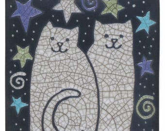 Cats, Kitties, Stars, raku ,art ,tile white cats,handmade ceramic tile, home decor, wall art