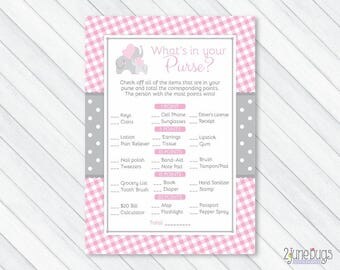 Elephant Whats in your Purse Game - Baby Shower Game - Pink and Gray Gingham - PRINTABLE, INSTANT DOWNLOAD