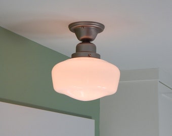 Schoolhouse Light. Salvaged Opal Shade. New Satin Nickel Fixture Base.