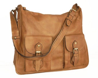 Trina Leather Tote Bag - Woven Detail, Multiple Pockets, Stone Color, 12" X 4" X 11"