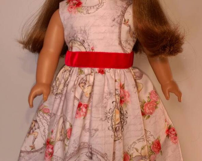 Cameo print doll dress for Valentines, grey dainty cameo Day fits 18 inch dolls like american girl
