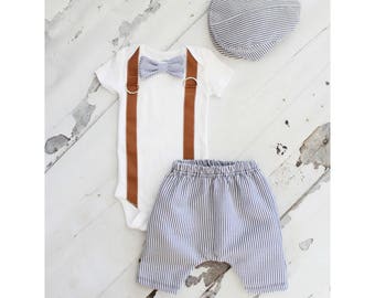 Newborn Baby Boy Coming Home Outfit Set to 3 Items. Bow Tie and Suspender Bodysuit, Harem Pants & Seer Sucker Newsboy Hat Tie Outfit Summer