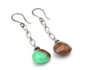 Natural Chrysoprase Earrings, Bi Chrysoprase Dangle Earrings, Boho Brown & Mint Green Chrysoprase Gemstone Dangles, Gift For her