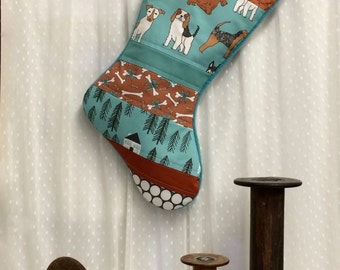 Pet Stocking - Dog Christmas Stocking - Quilted, Dog Bones, Teal, Black, Brown, White, Modern, Patchwork, Home Decor,