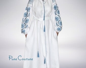 Boho dress with embroidery White linen dress Bohemian wedding dress Maxi dress Plus size clothing Plus size summer dress Long shirt dresses