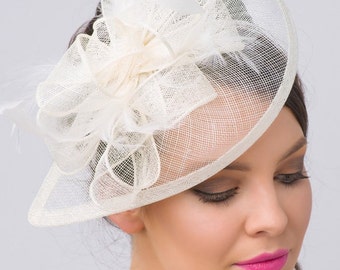 Ivory Fascinator - "Penny" Mesh Hat Fascinator with Mesh Ribbons and Ivory Feathers