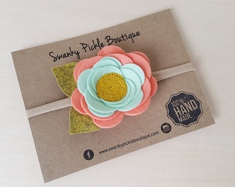 Baby Headband,Coral Mint Yellow,Felt Flower Headband,Nylon Headband,Felt Rose Headband,Toddler Headband,Newborn,Spring,Easter,Photo Prop