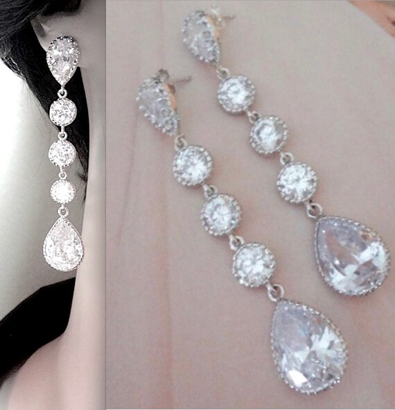 Long Cubic Zirconia earrings Clear Sterling by QueenMeJewelryLLC