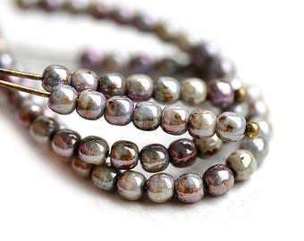 200Pc - 3mm Mother of Pearl luster Picasso beads, Grey czech glass small spacers, round, druk - 2634
