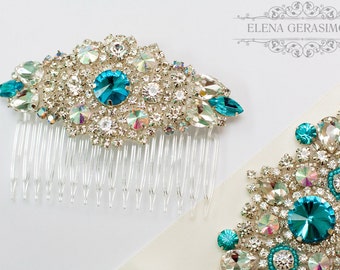 Crystal bridal Headpiece, Rhinestone Headpiece, turquoise wedding, Silver Wedding Comb