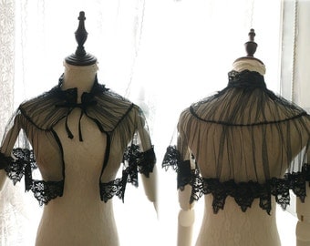 Great Gatsby Victorian Capelet High Collar Black Lace Tulle Goth Gothic Capelet Cape Romantic Sheer Poncho Shawl Top bolero Steampunk