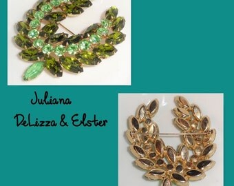 D&E JULIANA DeLizza Elster Two Tone Light Olive Shades Of Green Large Vintage Rhinestone Brooch