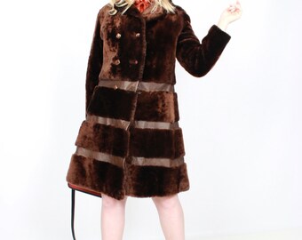60s fur coat, 70s brown coat, Size Large,vintage coat, fur leather coat, 1960s coat, 1970s winter coat,US 10-12,EU 40 - 42