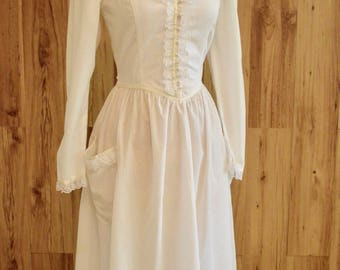 1970s Victorian Style Gunne Sax, Seventies Long Sleeve White Boho Dress, Semi Sheer Alternative Wedding Dress, Renaissance Look Dress
