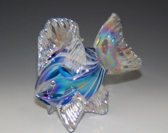 Hand Blown Glass Fish Sculpture - Iridescent Aqua Blue & White Tropical Fish