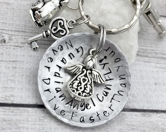 16th Birthday Gift - First Car Keychain - Sweet Sixteen Gift - Guardian Angel Keychain - Hand Stamped Keychain - Guardian Angel Gift