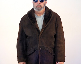 60s Brown Suede Coat, Suede Truckers Coat, Schott Brothers Coat, Brown Leather Coat, Faux Shearling Coat, L