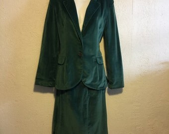 I Magnin, Patty Woodard Vintage Teal Green Velvet Jacket & Skirt Set