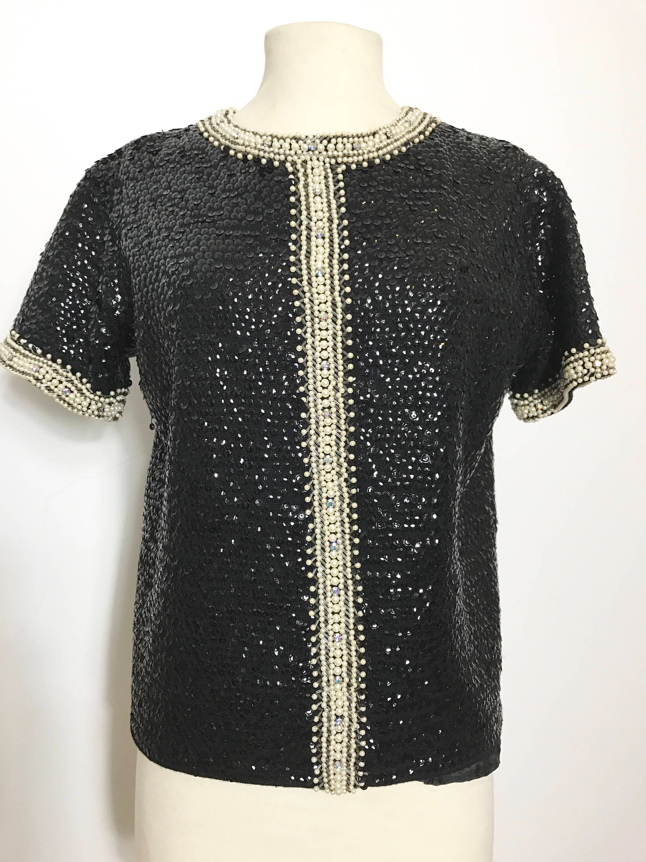 REDUCED Fabulous 1960s Black Sequin and White Beaded Top