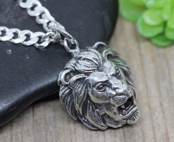 Sterling silver Lion head Necklace Silver Lion Pendant Mens