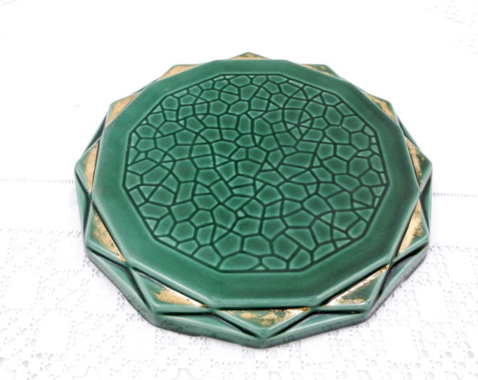 Trivet Hot Plate Heat Mat Antique Art Deco Circa 1930s Made of China Dark Green Glaze with Shabby Gold, Kitchenware, French Decor, Vintage