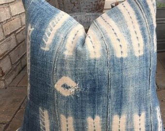 Very faded african indigo mudcloth pillow cover