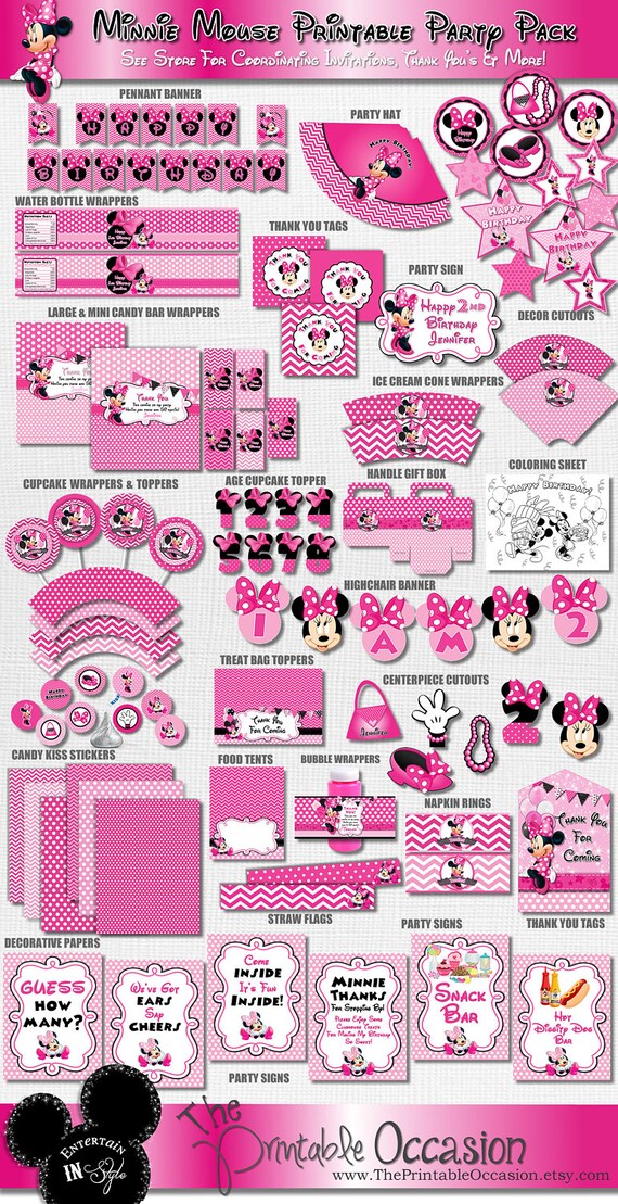 Pink Minnie Mouse Party Pack, Pink Chevron and Polka Dot Minnie Mouse, Printable Minnie Mouse Decorations, Pink Minnie Mouse DIY Decor Il_570xn