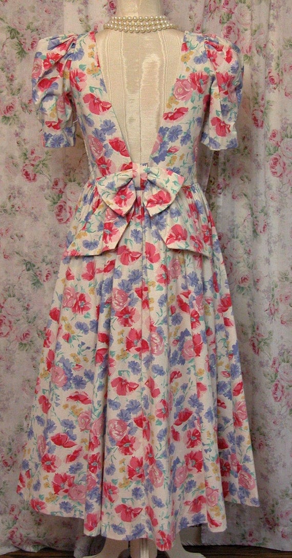 80s Laura Ashley Dress Floral Print Large Bow Full Skirt