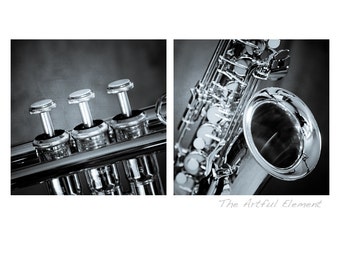 Saxophone art, Music lover gift, Music art, Trumpet art, Gifts for Musicians, brass, Jazz art, Set of 2 prints //Brass Instruments photo set