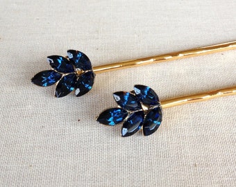 Navy Blue Rhinestone hair pins, set, pair, hair, accessory, rustic, gold, silver, blue, bridesmaid, hair, something blue, wedding party gift