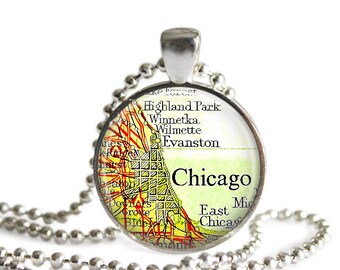 Chicago map necklace vintage Chicago Illinois map jewelry travel gift Wilmette, Evanston atlas pendant.