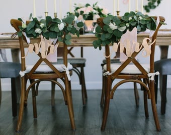 Laser Cut "mr & mrs" Wood Chair Signs - (Set of TWO) 14" x 5" Celebration Font Wedding Chair Sign - Engagement Party Event Anniversary Decor