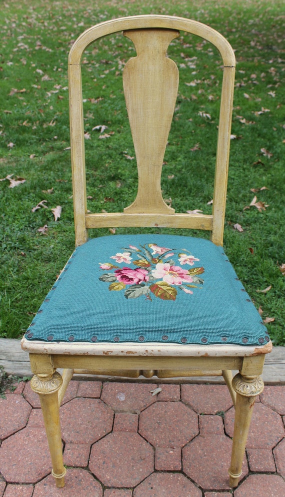 Needlepoint Seat Vintage Antique Chair Floral Tole Tapestry