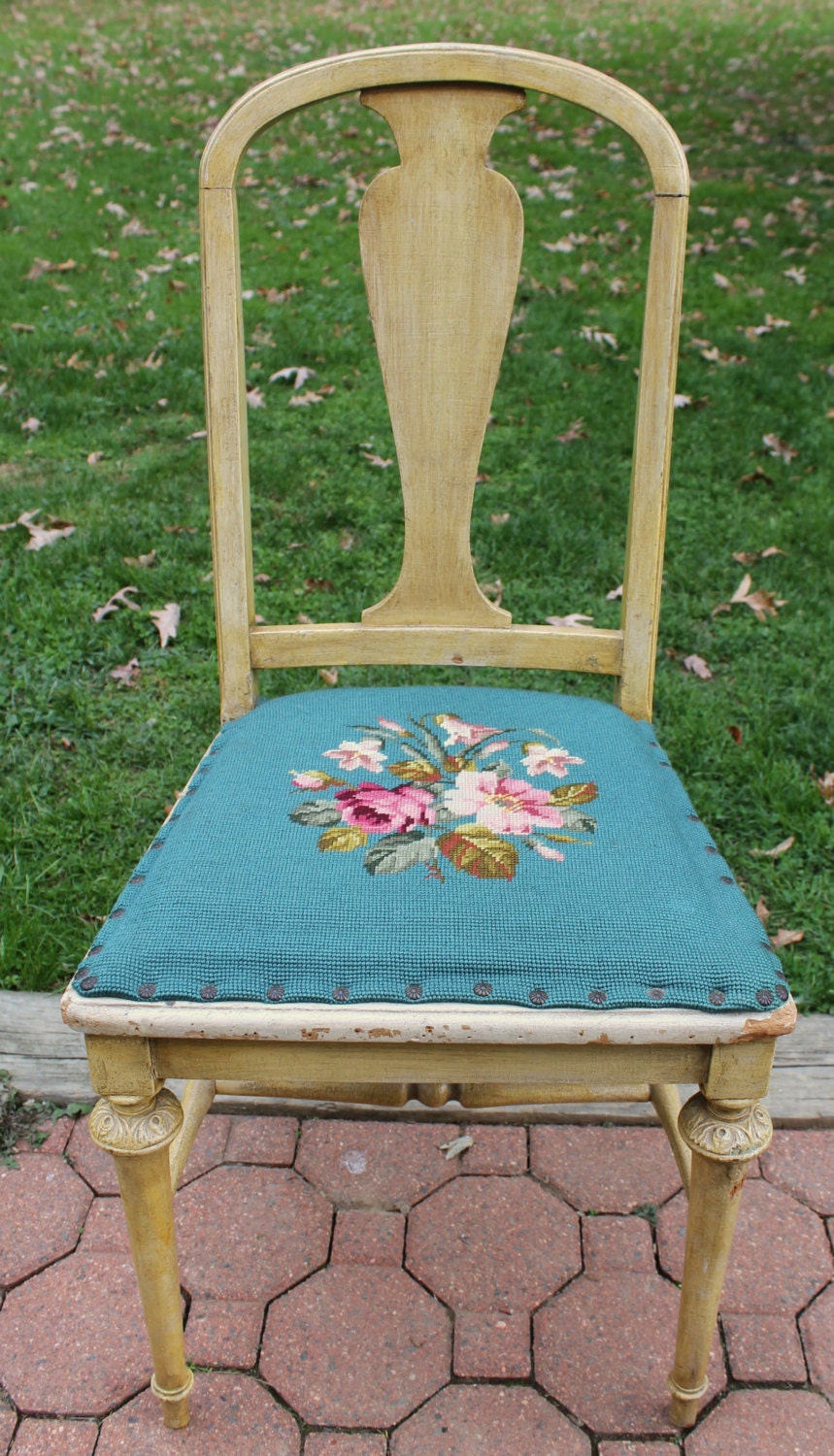 Needlepoint Seat Vintage Antique Chair Floral Tole Tapestry