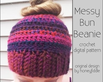 Crochet Messy Bun Beanie PATTERN - Crochet Messy Bun Hat Pattern - Crochet Bun Beanie - Crochet Bun Hat - Crochet Pattern Digital Download