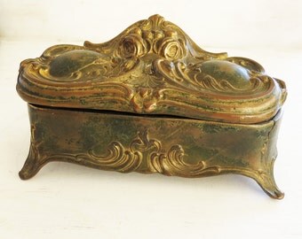 Antique Jewelry Casket- Desk Box- Art Nouveau Lead decorative box- victorian/cottage chic 7 1/2" x 3"
