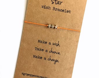 Wish Friendship Bracelet ~ Silver STAR Beads ~ Waxed Cotton Cord ~ Make a wish, take a chance,make a change ~ adjustable, choose a color