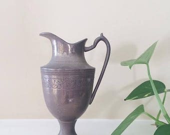 Vintage Silver Plated Pitcher // vase, container, vessel, storage, decor, etching, India, floral, flowers, patina
