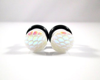 White AB Finish Mermaid Scale Dragon Scale Plugs - Available in 2g, 0g, and 00g