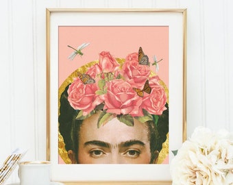 Frida Kahlo print - Flower collage art poster- Colour Pale dogwood