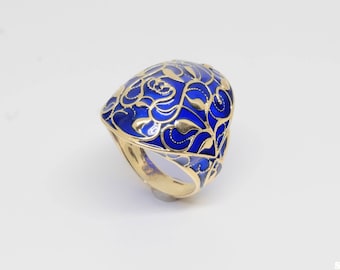 14k Gold Blue Enamel Ring Sz 9 Poinsettia Pierced Plique A Jour