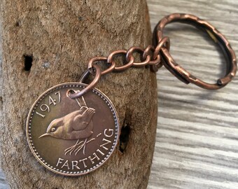 70th birthday gift, 1947 British farthing keychain, wren bird keyring, retirement present for her, mum, aunt, sister, grandma, nana, wife