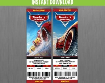 Disney Cars 3 Birthday Ticket Invitations - Instant Download and Edit with Adobe Reader - Cars 3 Birthday Party - Lightning McQueen
