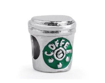 Coffee Bead, Large Hole Bead, European Bead, Charm Bead, Add a Bead, Charm Bracelet, European Charm, Big Hole Bead, Green, Silver