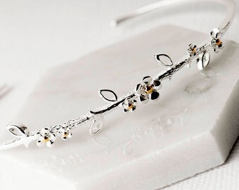 Flower Bangle with Gold Accents, Sterling Silver, Adjustable, Nature Lover, Stylish, Statement bangle, Pretty Delicate Bangle, silver925