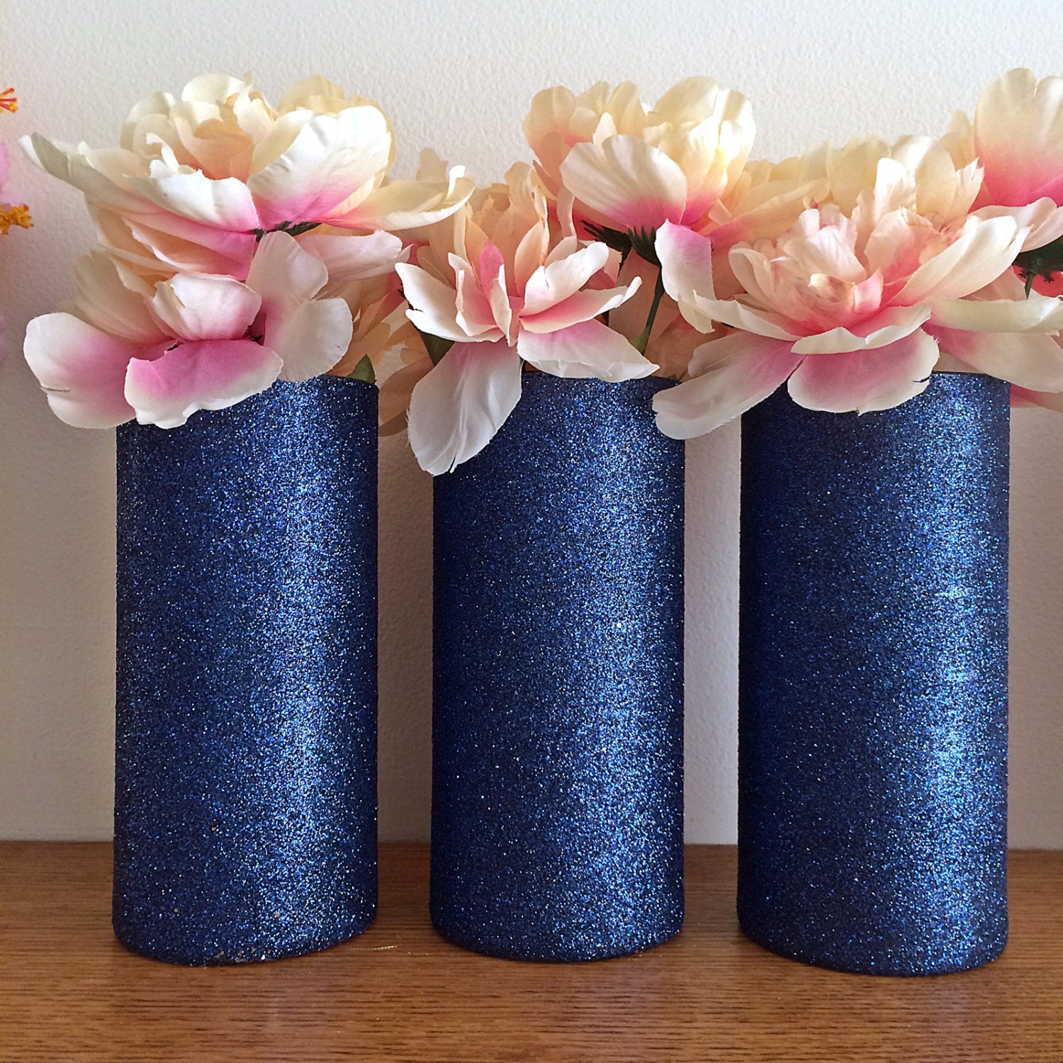 3 Navy Vases Glass Vases Glitter Vases Wedding by EverydayDesignEvents