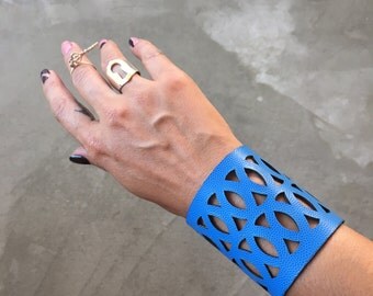 Leather Cuff Bracelet, Laser Cut Leather Bracelet, Geometric Cuff, Geometric Bracelet, Leather Wristband, Blue Cuff, Laser Cut Bracelet